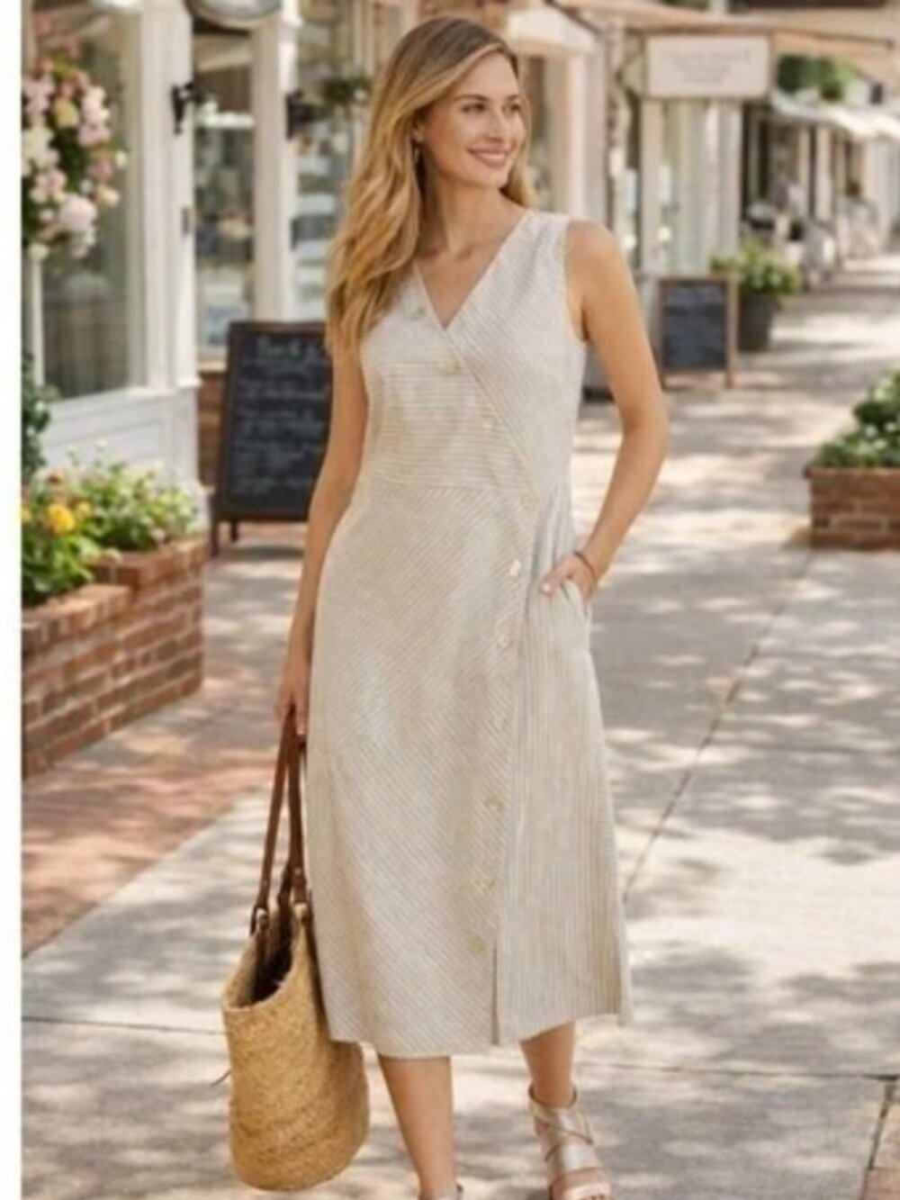 Soft Surroundings Tan Chasia Hemp‎ Cotton Striped Midi Dress Size Small Petite